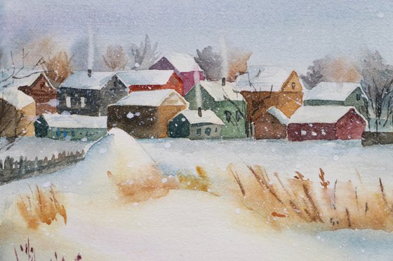 Winter village landscape with houses.