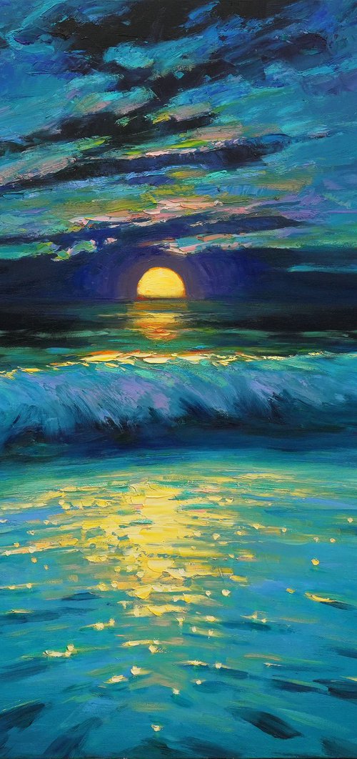 Moonrise in blue over sea by Alisa Onipchenko-Cherniakovska