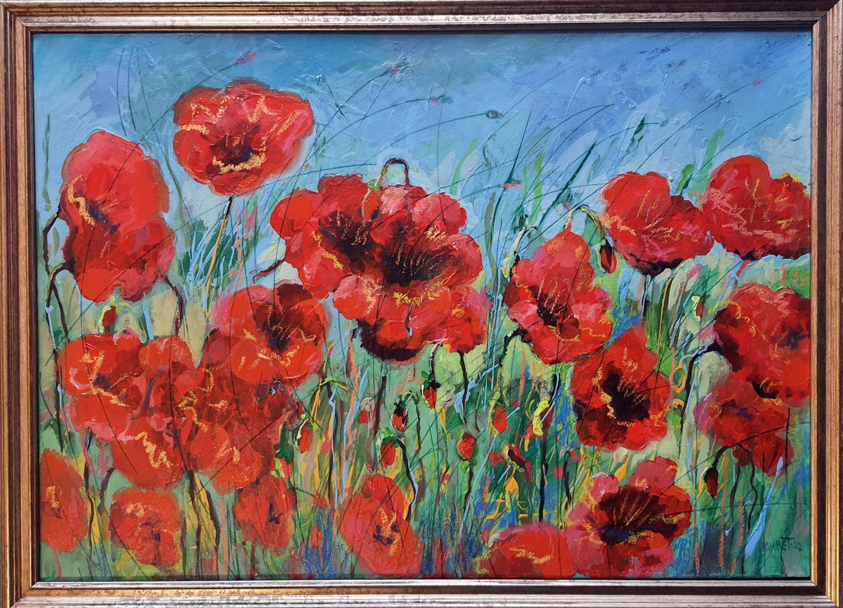 Impressionistic Botanical Acrylic Painting By Rakhmet Redzhepov, 31 X 23", Poppies Red, Original Artwork