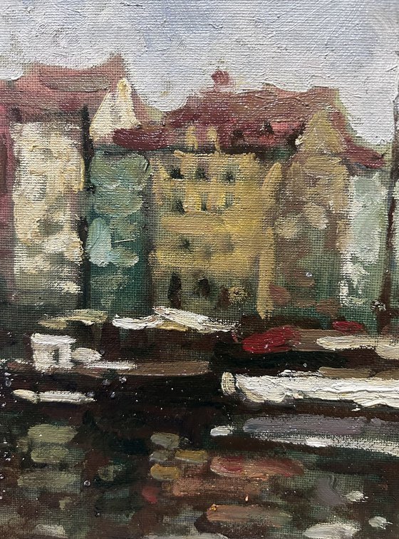 Original Oil Painting Wall Art Signed unframed Hand Made Jixiang Dong Canvas 25cm × 20cm Cityscape  New Harbor of Copenhagen Denmark Small Impressionism Impasto