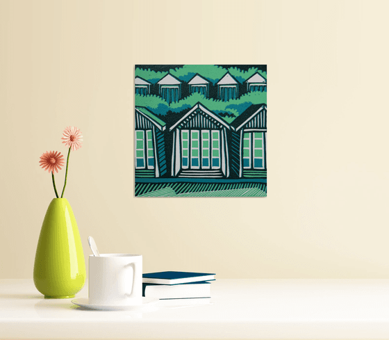 Beach Huts, signed original linocut print, Artist's Proof