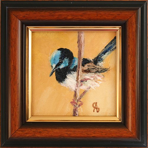 Bird III. Superb Fairywren /  From my a series of mini works BIRDS /  ORIGINAL PAINTING by Salana Art Gallery