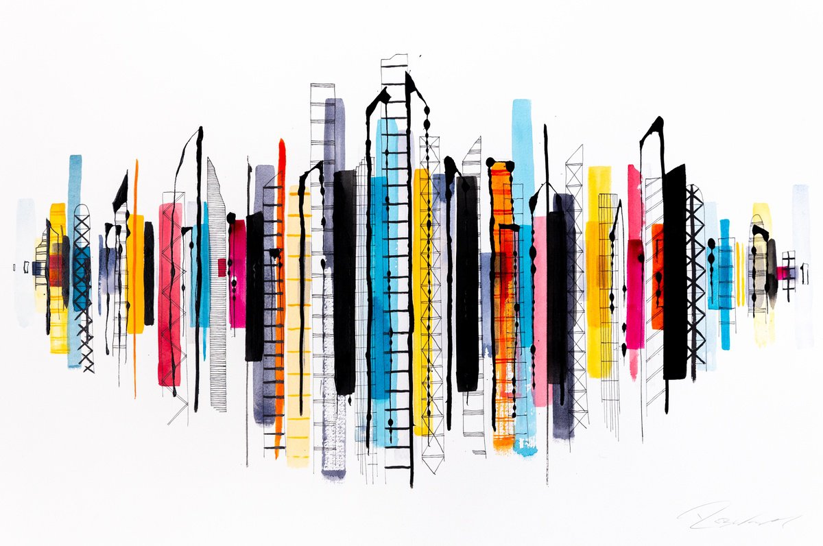 Graphic Cityscapes Watercolour By Rob Wass, 24 X 16", Cityscape 57, Original Artwork