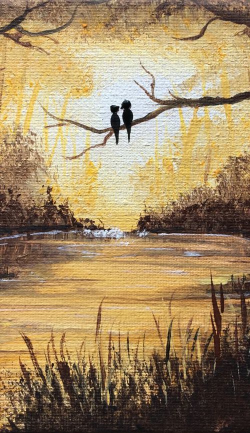 Lovebirds in autumn on a mini canvas by Marja Brown