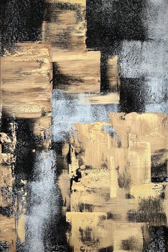 Black Gold Gray Abstract on canvas.