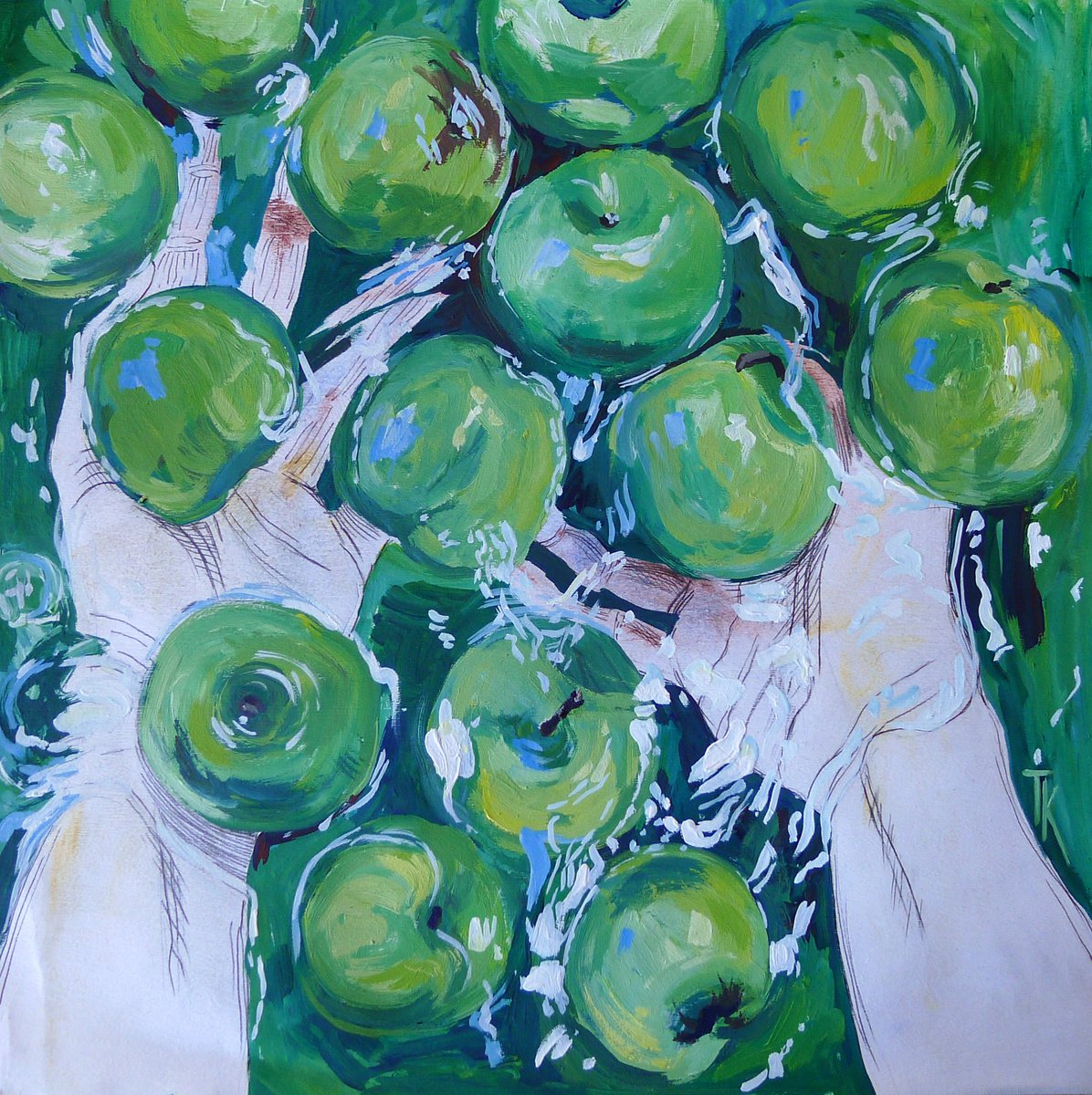 Bathing green apples in a green basin by Tatyana Kaganets