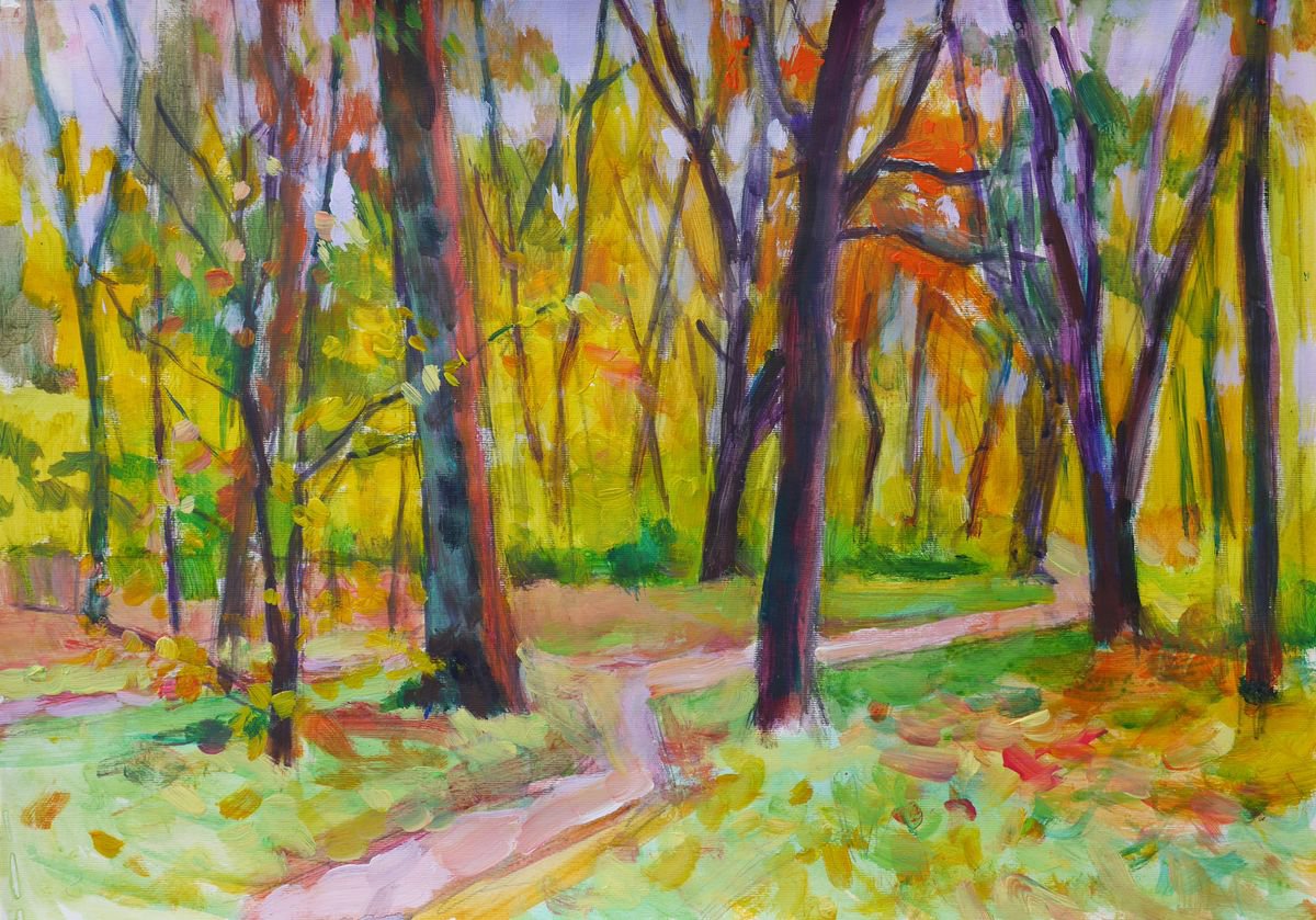 Impressionistic Landscape Acrylic Painting By Dima Braga, 20 X 14, Plein Air 19-10-2018 (Autumn Park), Original Artwork