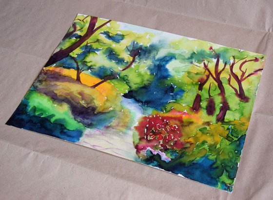 Blooming forest abstract landscape, original watercolor painting, Botanical garden