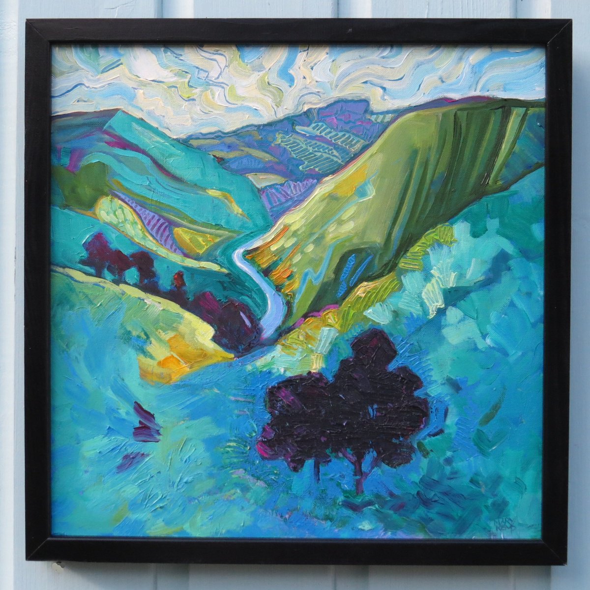Impressionistic Landscape Oil Painting By Mary Kemp, 13 X 13", Turquoise Valley, Original Artwork