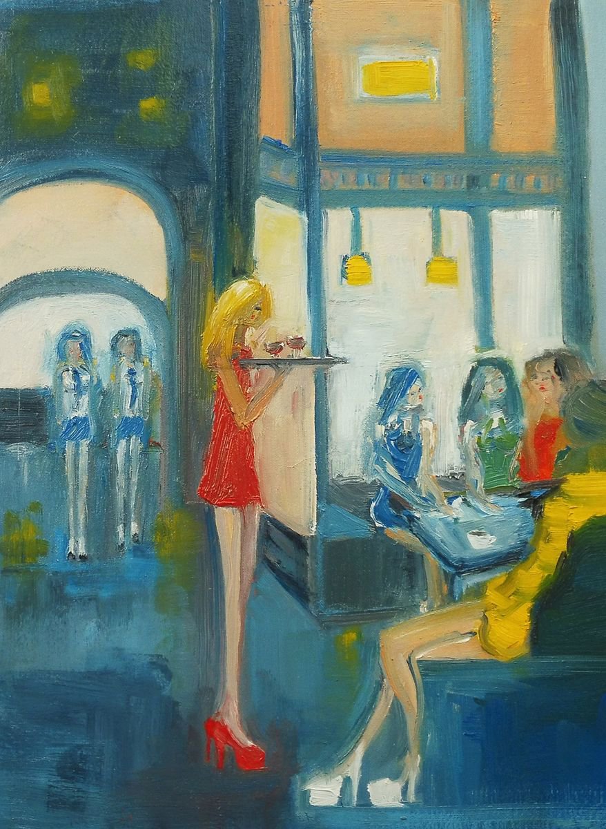 GIRLS CAFE RED WINE, RED DRESS. Original Oil Figurative Painting. by Tim Taylor