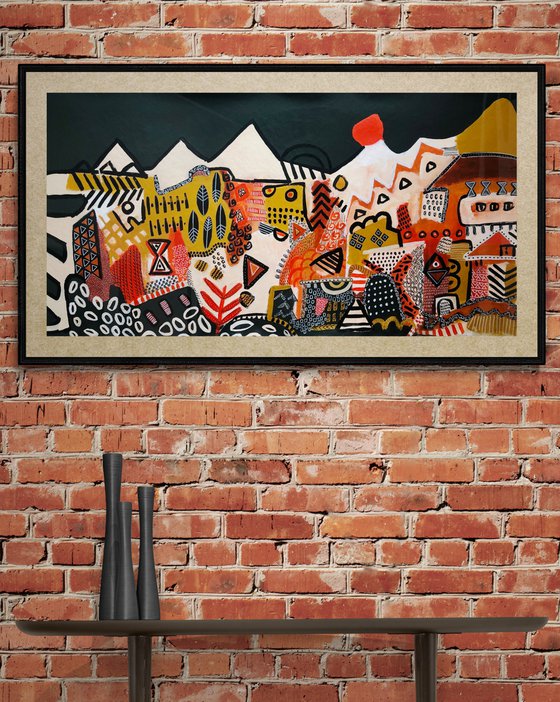 Landscape with red sun.