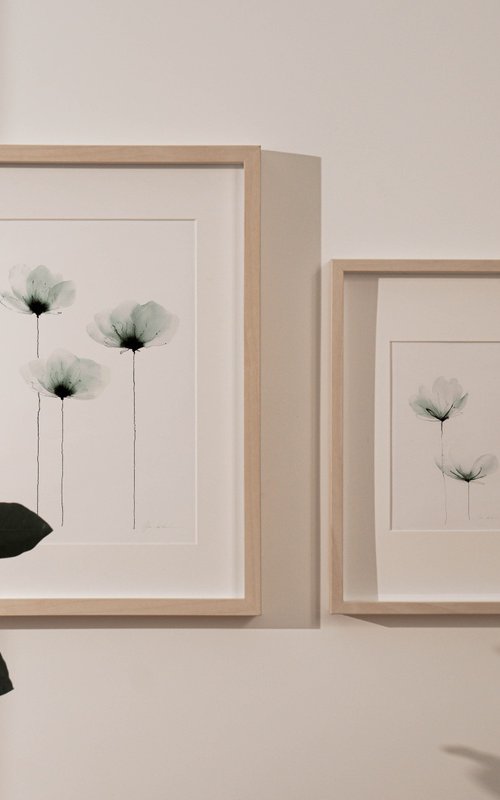 Minimalistic Flowers sage green  watercolor. #3 by Olga Koelsch