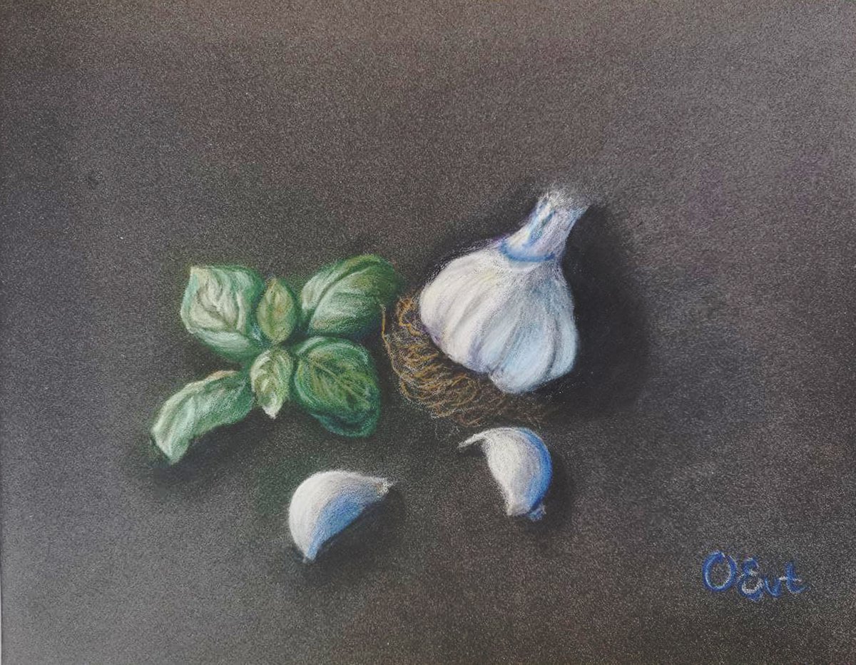 Garlic and basil from life.  24x18 cm. Aglio e basilico. by Oksana Siciliana