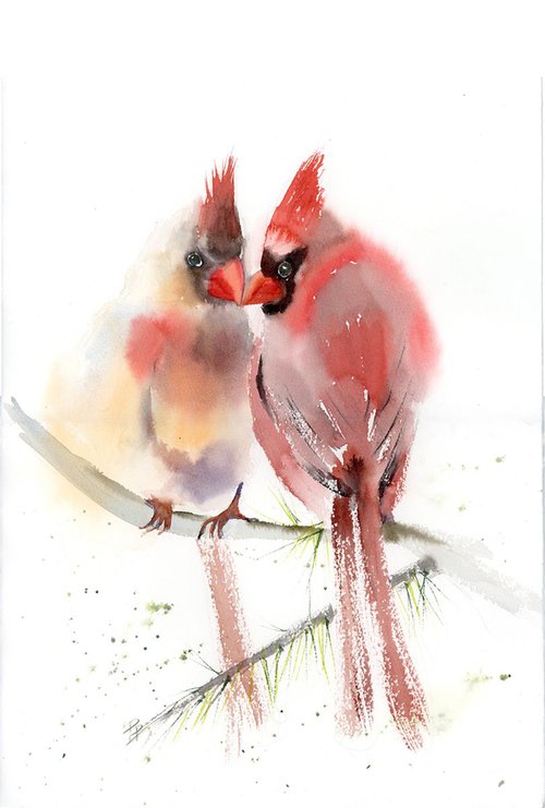 Cardinals in love Original Watercolor by Olga Shefranov (Tchefranov)