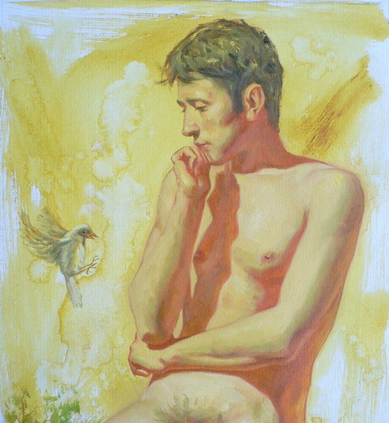 OIL PAINTING BODY ART NAKED MAN AND A BIRD #16-7-30