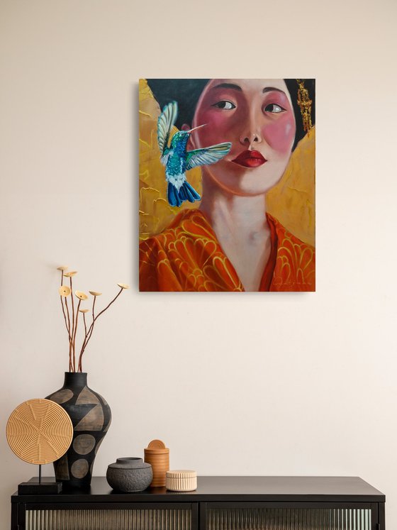 Geisha with hummingbird