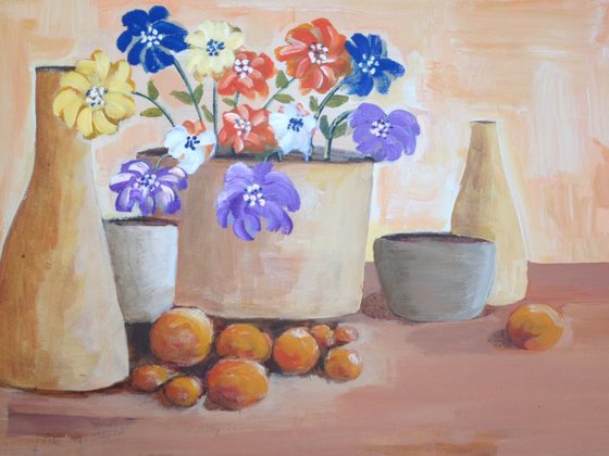 5 pots flowers and fruit