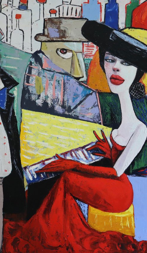 Lady in red playing a piano by Ta Byrne