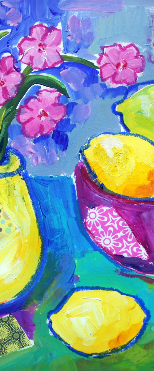 Lemons in a purple bowl by Julia  Rigby