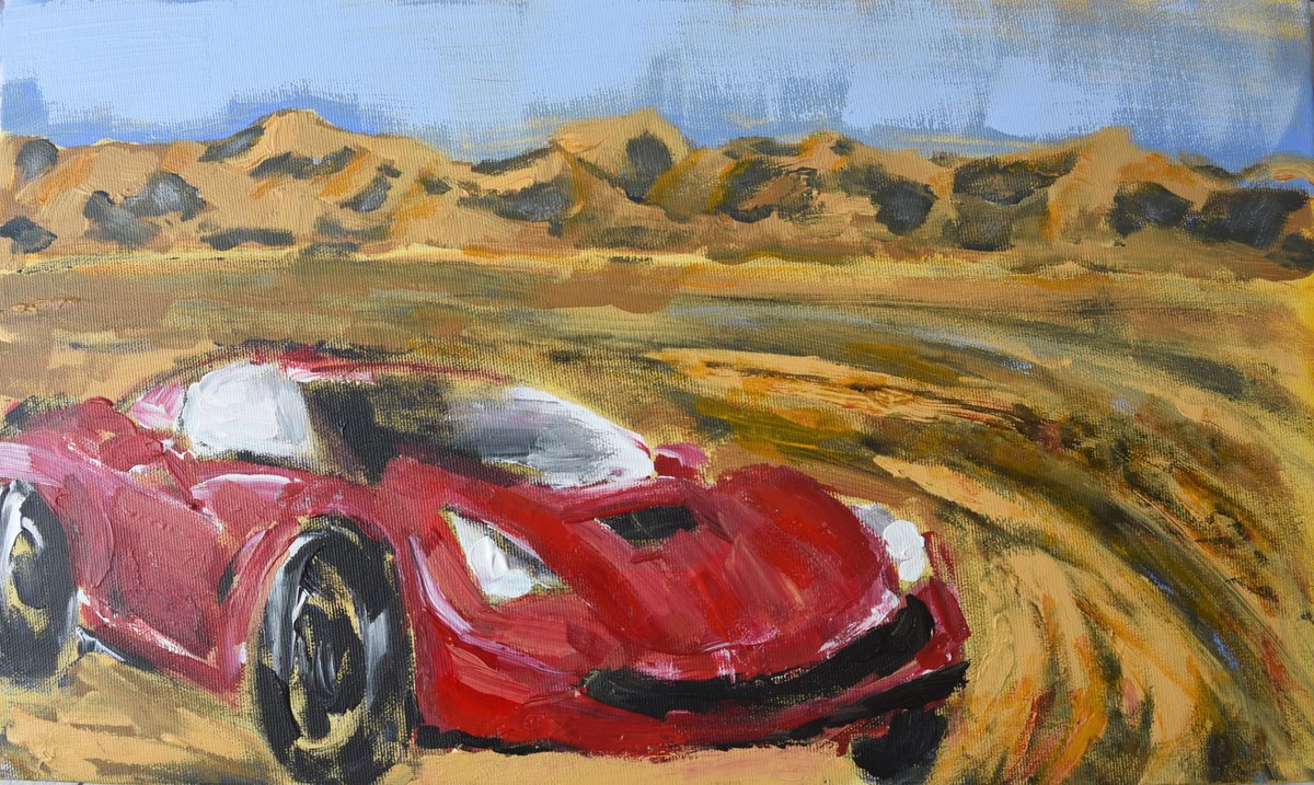 Transport Acrylic Painting By Elena Zapassky, 20 X 12, The Corvette In Negev Desert, Original Artwork