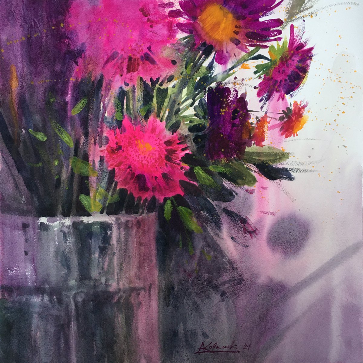 Impressionistic Botanical Watercolour By Andrii Kovalyk, 22 X 22, Red Flowers In A Vase, Original Artwork