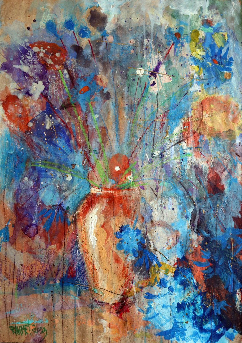Impressionistic Botanical Acrylic Painting By Rakhmet Redzhepov, 17 X 23", Fantasy With Flowers 102, Original Artwork