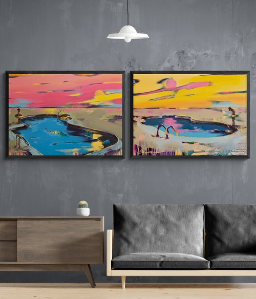 Big horizontal painting - "Pink and Yellow" - Pop Art - Palms - Swimming pool - Diptych by Yaroslav Yasenev