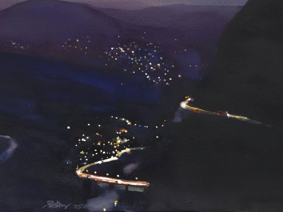 Impressionistic Landscape Watercolour By Prashant Prabhu, 24 X 18", Night Lights, Moutain Road, Original Artwork