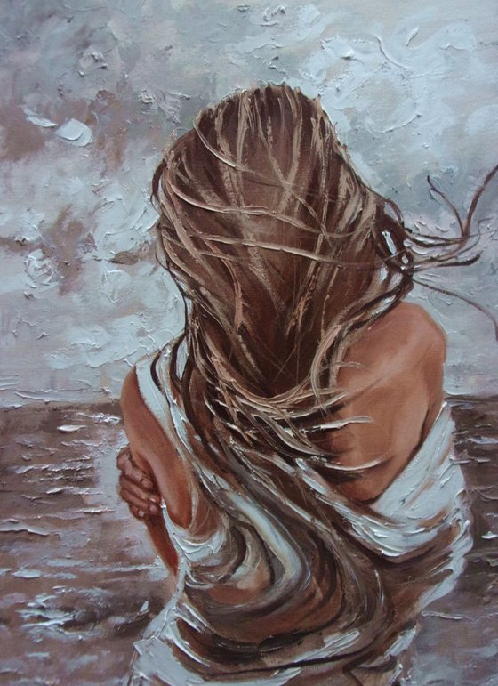 " IT WAS COLD WITHOUT YOU ... "- SEA SAND liGHt  ORIGINAL OIL PAINTING, GIFT, PALETTE KNIFE