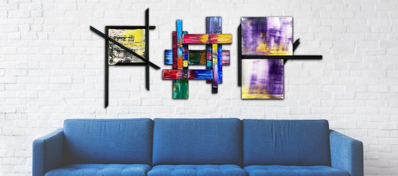 "Bring It" - Save As A Series - Original PMS Mixed Media Assemblage Sculptural Paintings On Wood Pieces and Panels - 70 x 31 inches