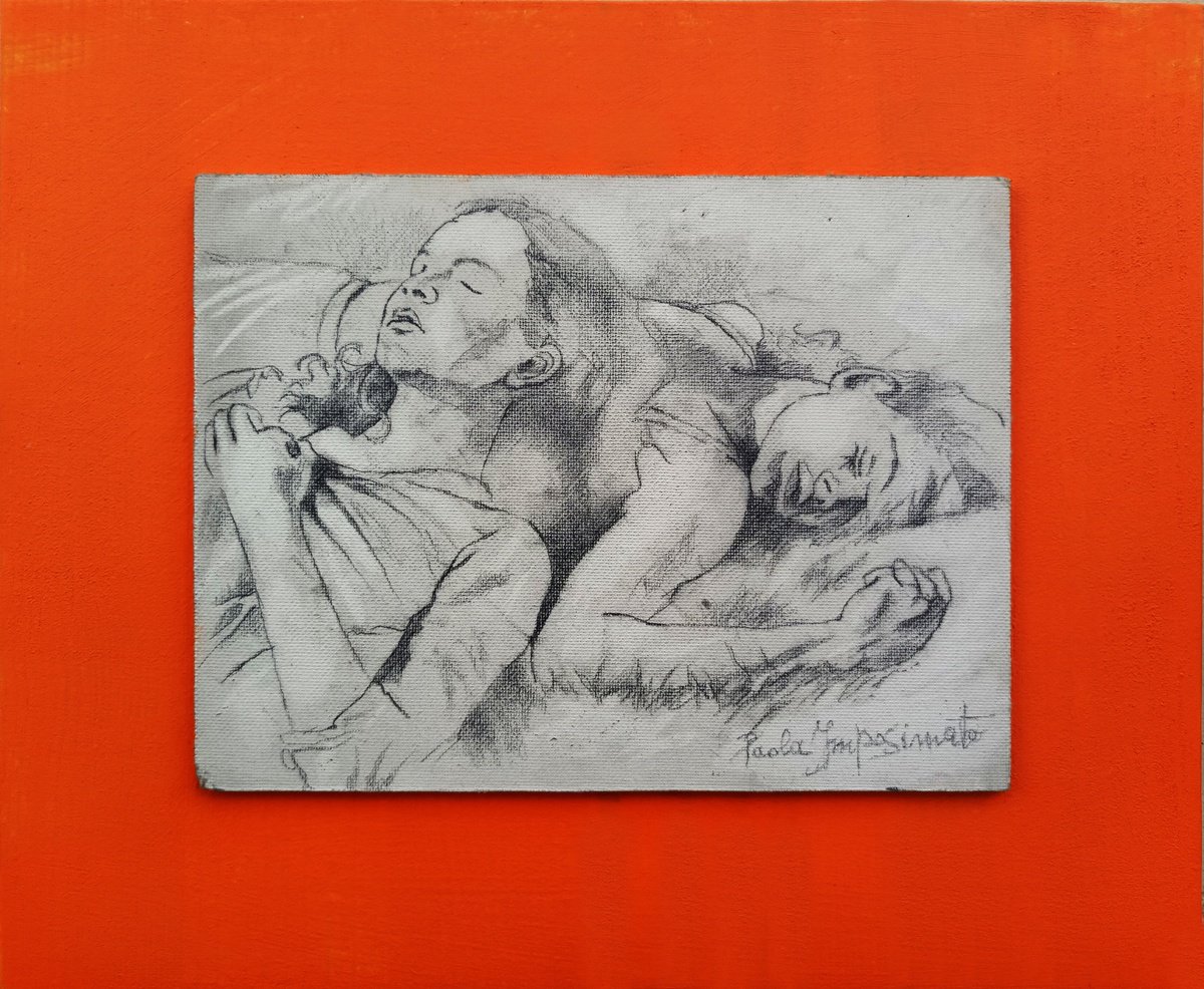 Expressive Portrait Pencil Drawing By Paola Imposimato, 12 X 10", A Rest On The Grass, Original Artwork