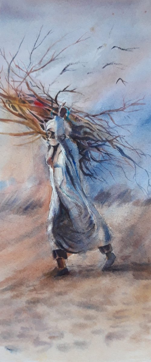 Serene Watercolour Painting of a Wind-Swept Desert Journey, Desert life, Middle Eastern Desert Scape, Life of desert people, Windy Desert by Bozhidara Mircheva