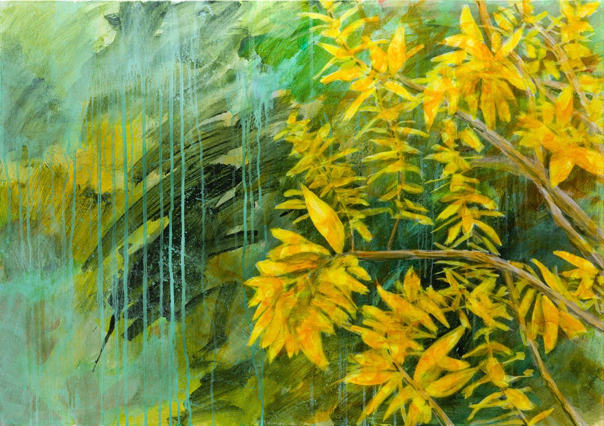 Impressionistic Botanical Acrylic Painting By Fabienne Monestier, 36 X 26, Verbena On A Bright Autumn Day, Original Artwork