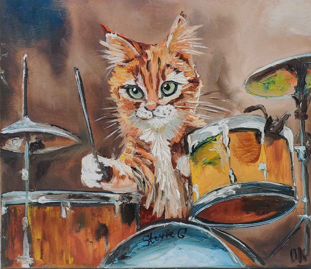 Cat Plays Drums By Olga Koval, 16 X 14, Artwork For Sale On Artfinder