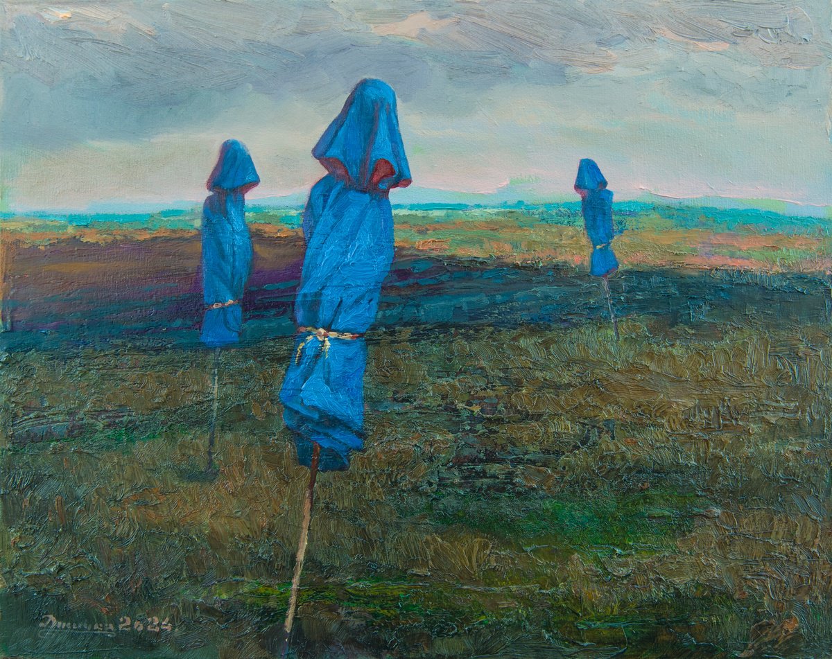 Surrealistic Landscape Oil Painting By Mykola Dzhychka, 20 X 16", Human-Umbrellas, Open Them, Original Artwork