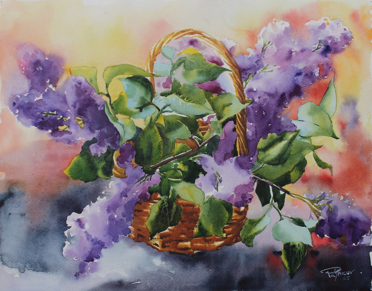 Impressionistic Botanical Watercolour By Yurii Pashkov, 19 X 15", Lilac Bouquet#3, Original Artwork