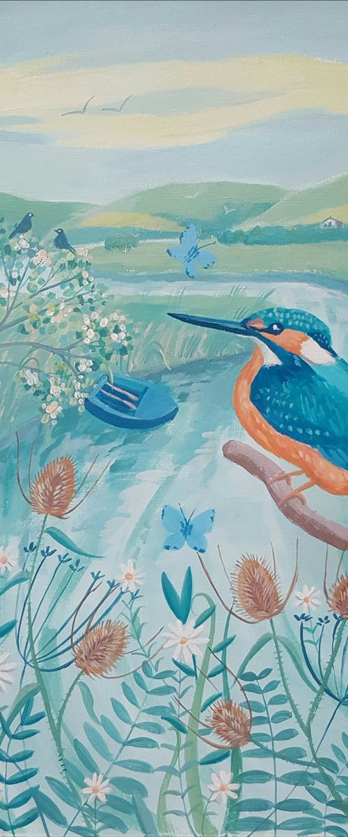 Kingfisher with flowers by Mary Stubberfield