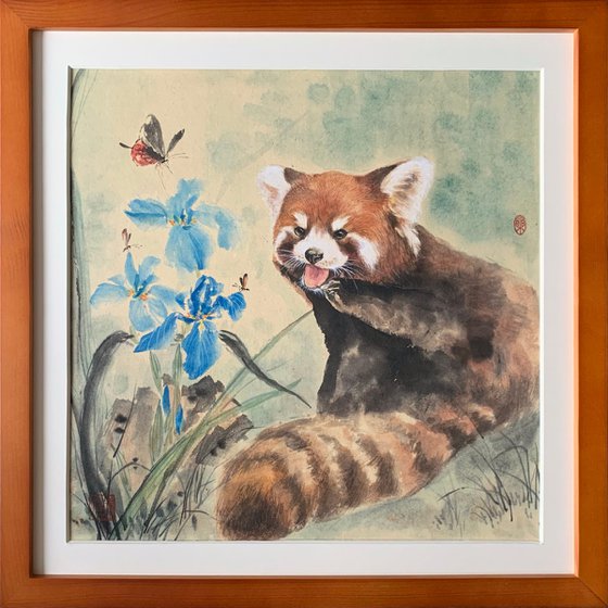 Red Panda & Blue Irises Original Brush Art, Framed Wall Art