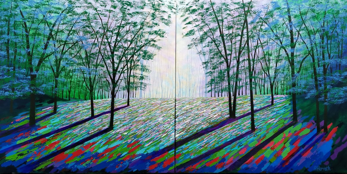 Impressionistic Landscape Acrylic Painting By Amanda Horvath, 71 X 35, Living In Forest Light, Original Artwork