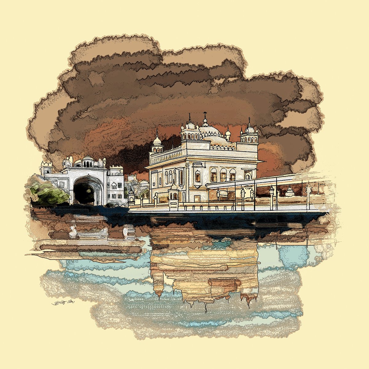 Abstract Acrylic Painting By Artist Gurdish Pannu, 18 X 18, Golden Temple Painting, Original Artwork