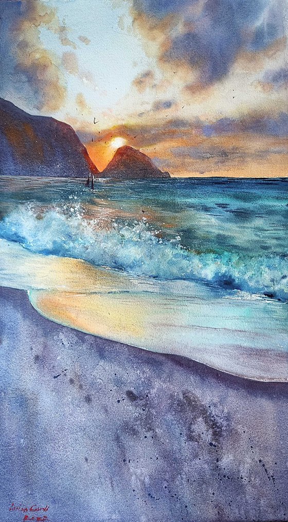 Sunset on Petani | Original watercolor painting (2022) Hand-painted Art Small Artist | Mediterranean Europe Impressionistic