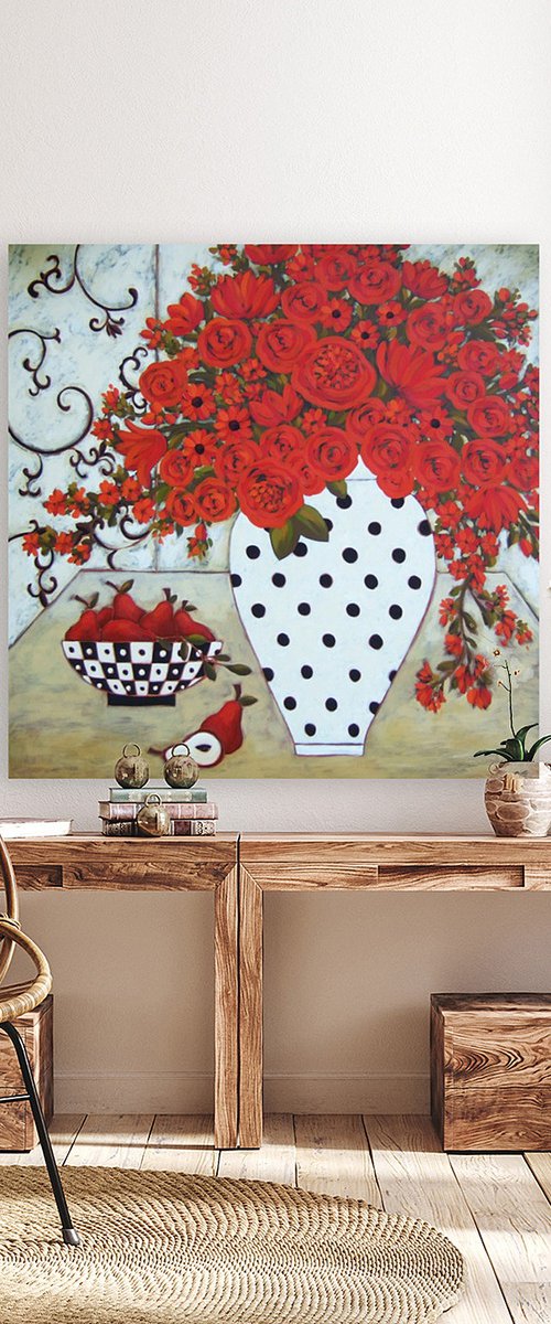 Pears & Red Blooms by Karen Rieger