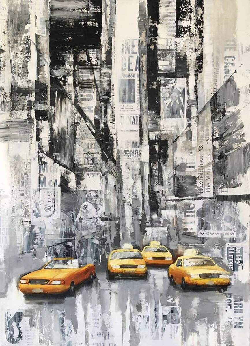 Abstract Acrylic Painting By Viacheslav Zaykin, 29 X 39", New York City Collage, Original Artwork