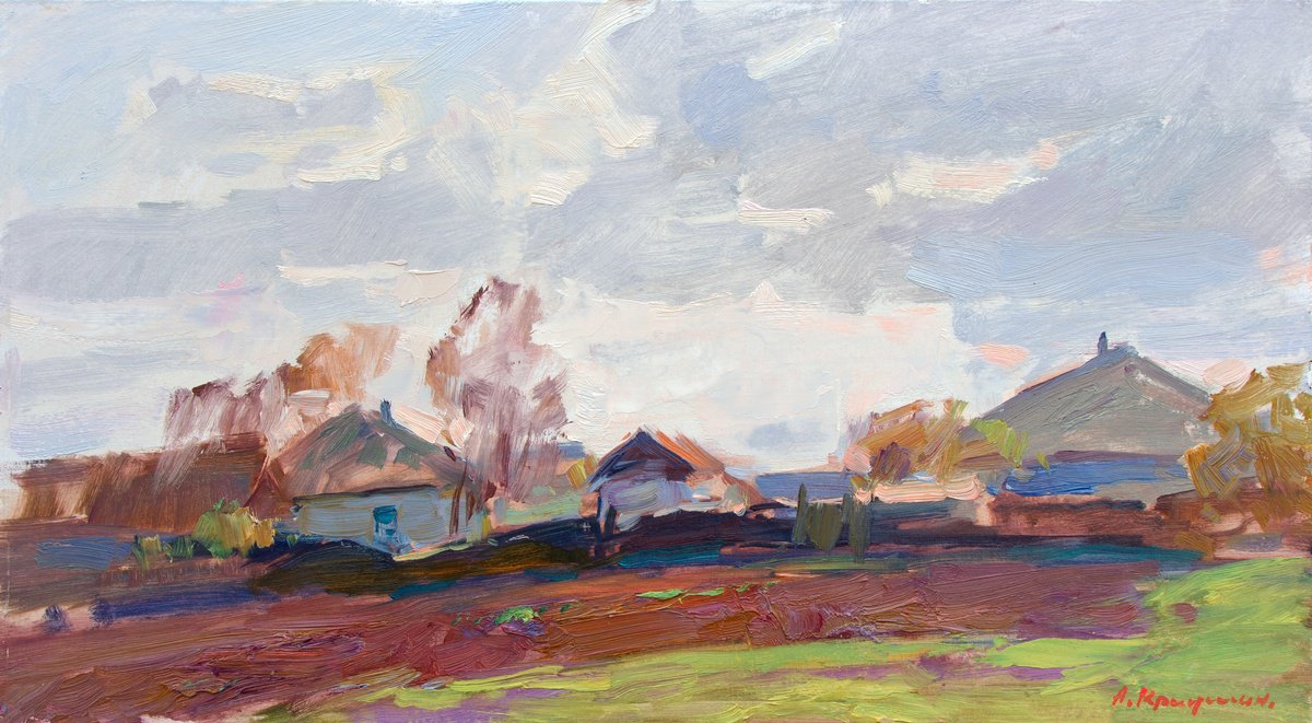 Impressionistic Landscape Oil Painting By Aleksandr Kryushyn, 22 X 12, April In The Village, Original Artwork