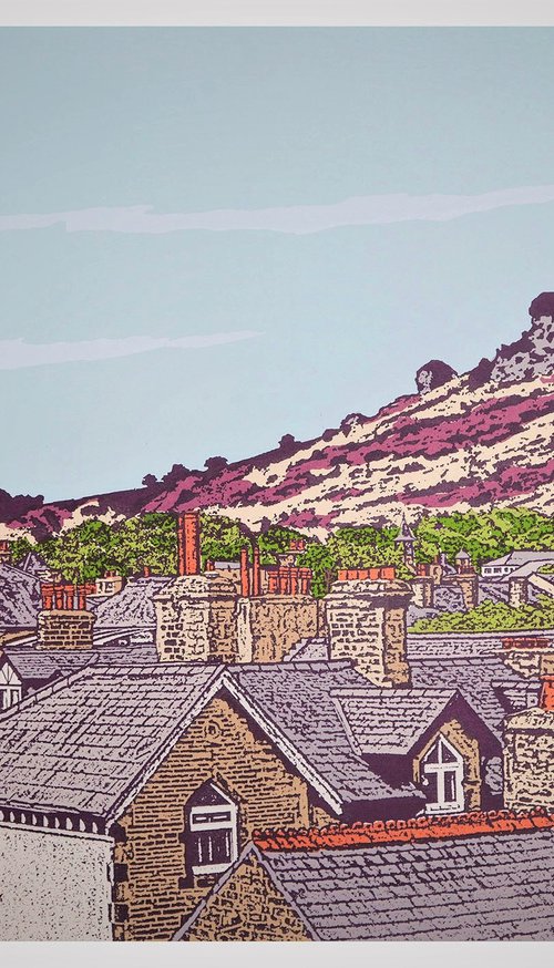 Ilkley rooftops to Cow and Calf - (Plum) by Talia Russell