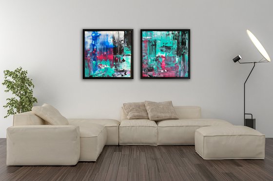 "Swipe Left" - Save As A Series - Original PMS Abstract Diptych Acrylic Paintings On Plexiglass, Framed - 52" x 26"