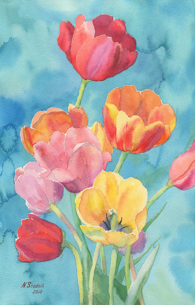 Ukrainian watercolour. Tulips and turquoise by Nina Zakharova