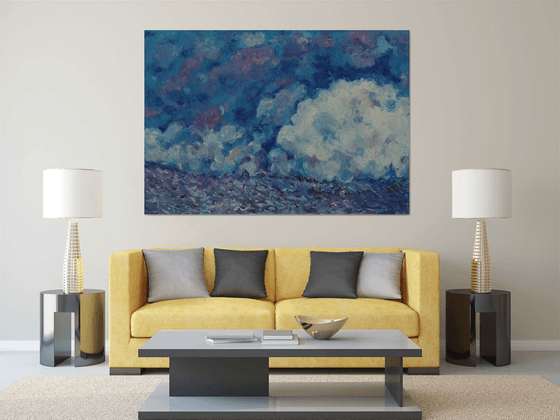 CLOUDS IN HIMALAYAS - large original impressionistic painting, blue sky landscape, skyscape cloudscape