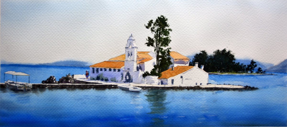Impressionistic Landscape Watercolour By Nenad Kojic, 22 X 10", Krf Corfu Greece, Original Artwork