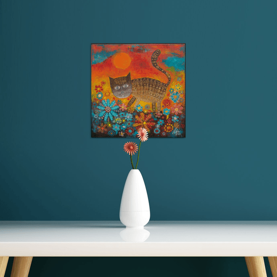 Felis Catus Botanicus I. - Cat in the Garden acrylic painting